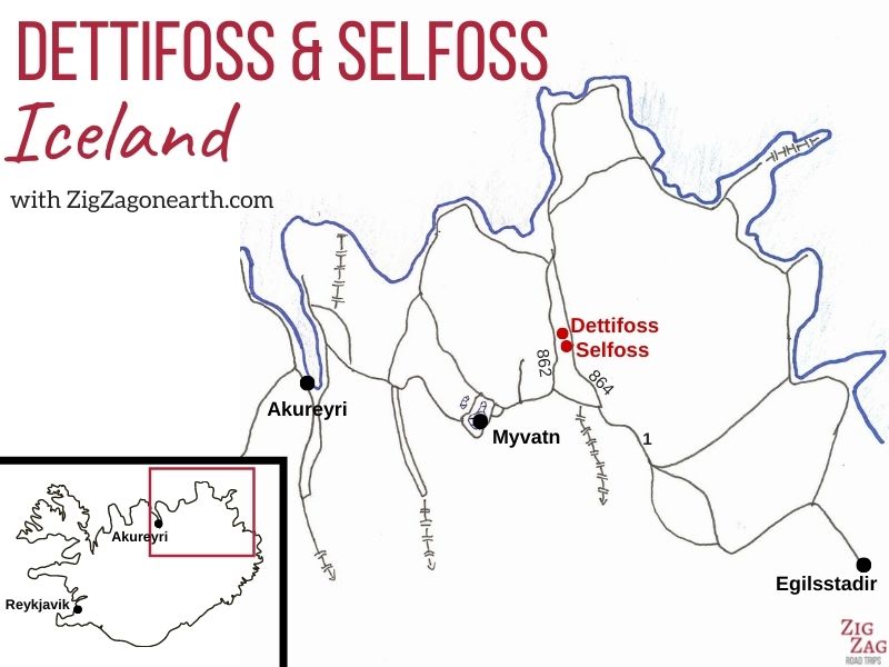 Mapa - Dettifoss e Selfoss na Islândia