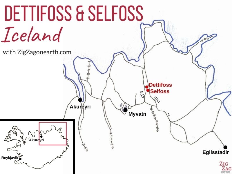 Map - Dettifoss and Selfoss in Iceland