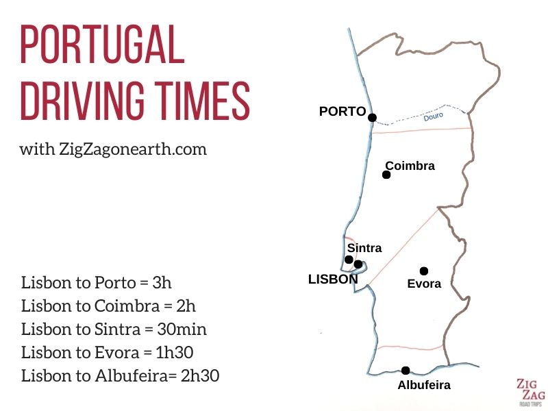 Mapa das cidades e tempos de condução em Portugal