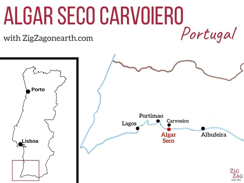 Ligging van Algar Seco Carvoeiro in de Algarve, Portugal - Kaart