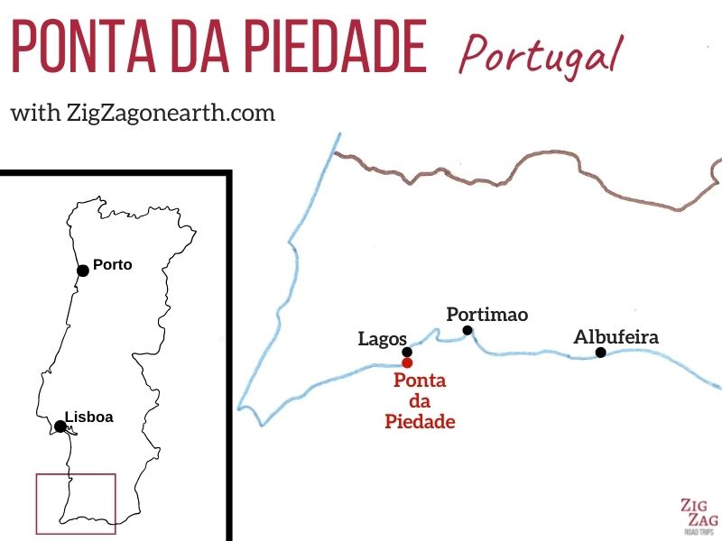 Location of Ponta da Piedade in Lagos, Algarve,Portugal - Map