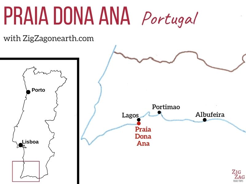 Locatie van Praia Dona Ana in Algarve, Portugal - Carte