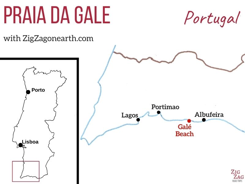 Localização da Praia da Galé no Algarve, Portugal - Mapa