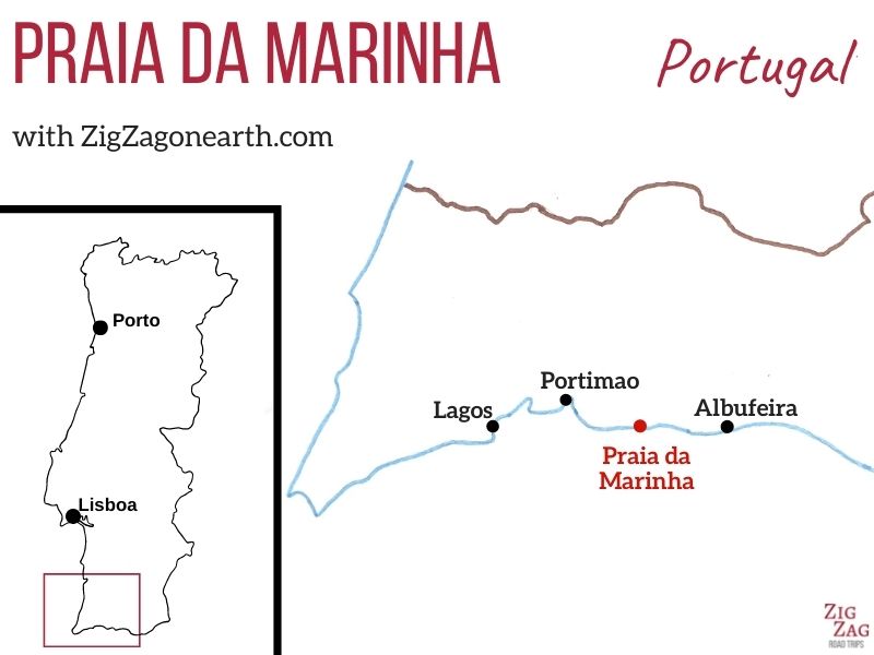 Localização da Praia da Marinha no Algarve, Portugal - Mapa