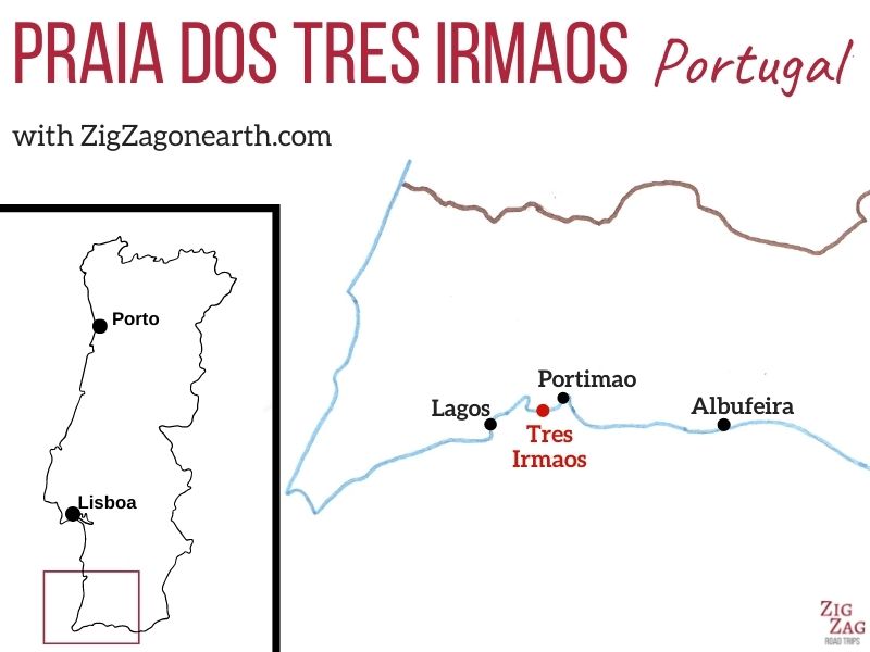 Location of Praia dos Tres Irmaos in the Algarve, Portugal - Map