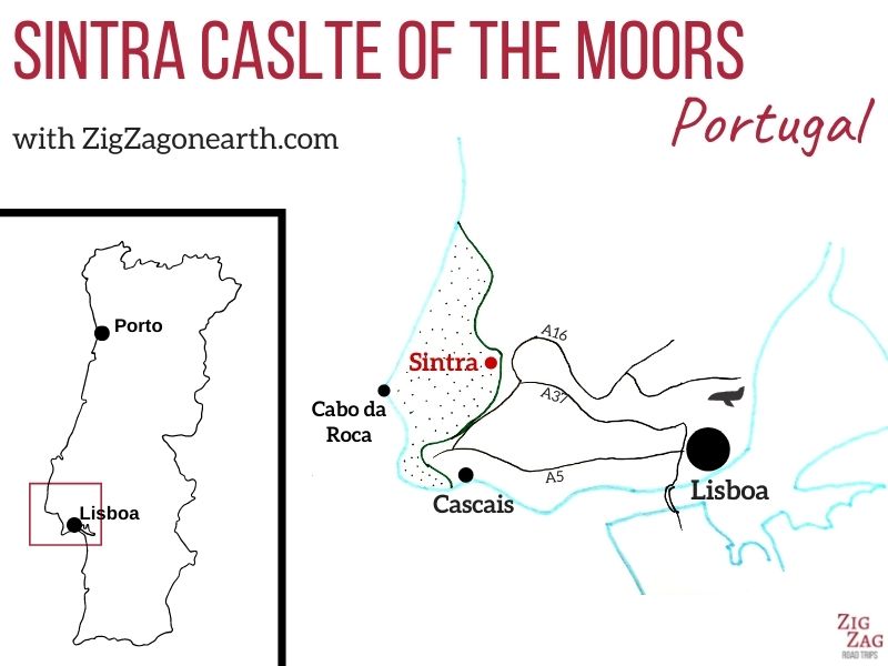 Läge Sintra Morernas slott Portugal Karta
