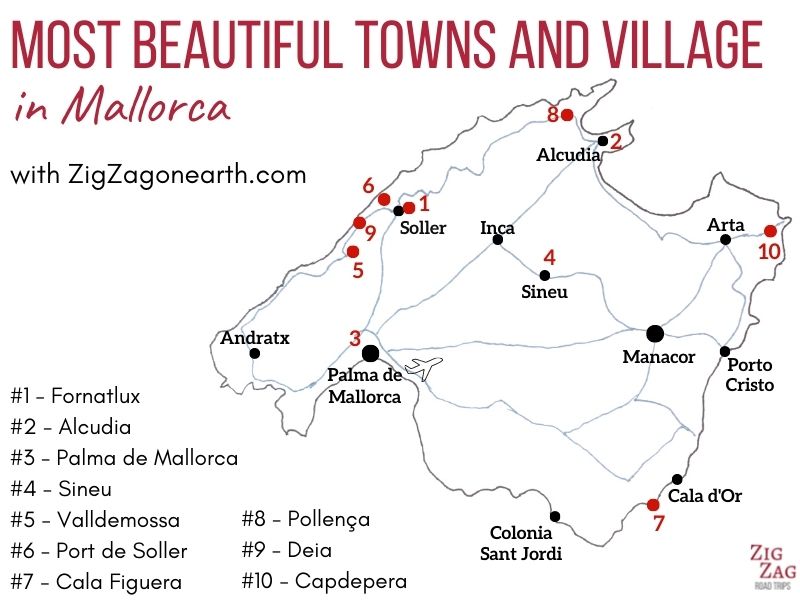 Most beautiful villages towns Mallorca Map