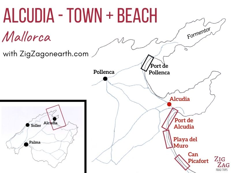 Stad en stranden van Alcudia in Mallorca - Kaart