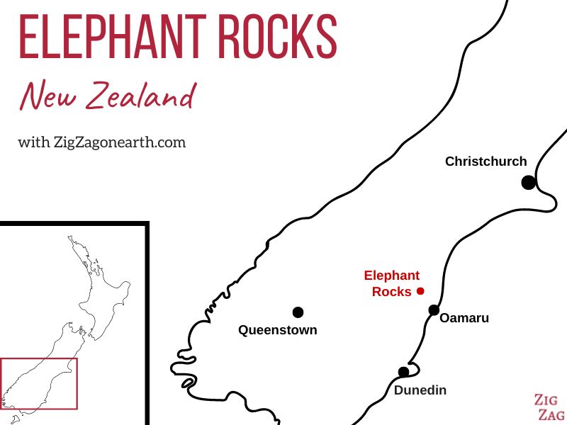 Elephant Rocks nära Oamaru i Nya Zeeland - Karta