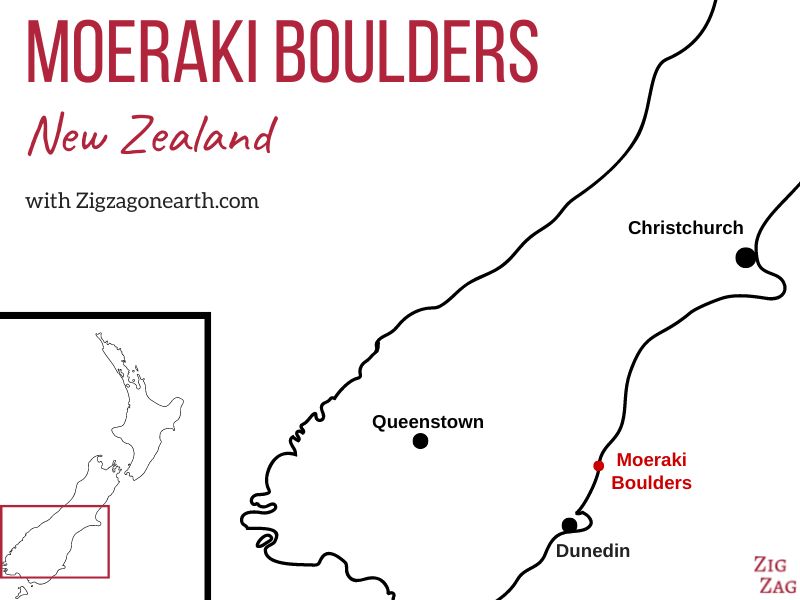 Moeraki Boulders na Nova Zelândia - Mapa