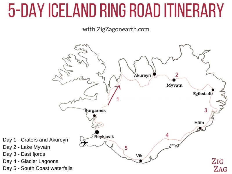 Island Ring Road rejseplan 5 dage - kort