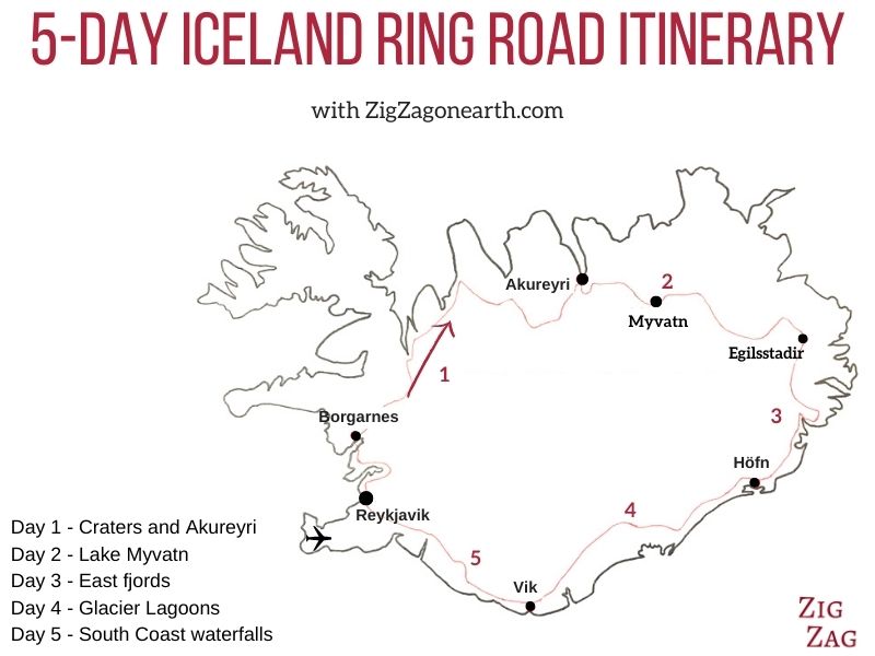 Itinerario della Ring Road islandese 5 giorni - mappa