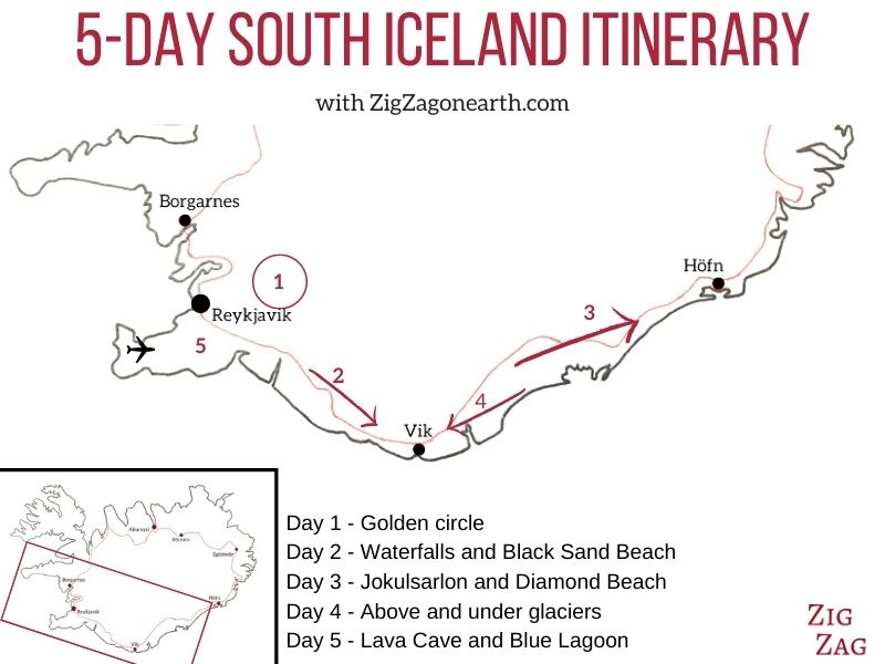 Itinerário da Islândia do Sul 5 dias - mapa da viagem