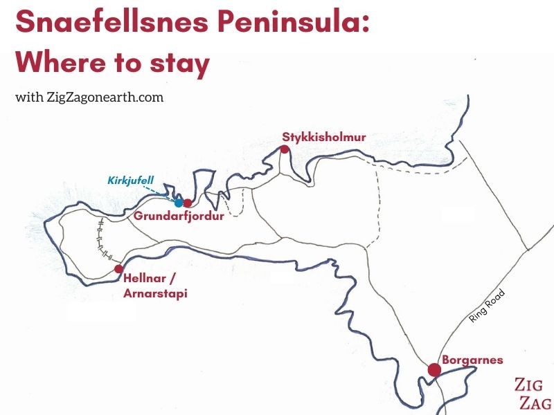 Hvor man kan bo på Snaefellsnes-halvøen - kort