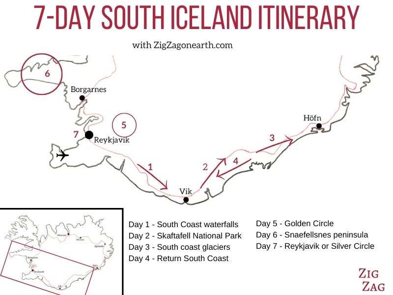 South Iceland itinerary 7 days - map