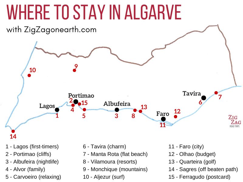 Waar kunt u overnachten in Algarve - kaart