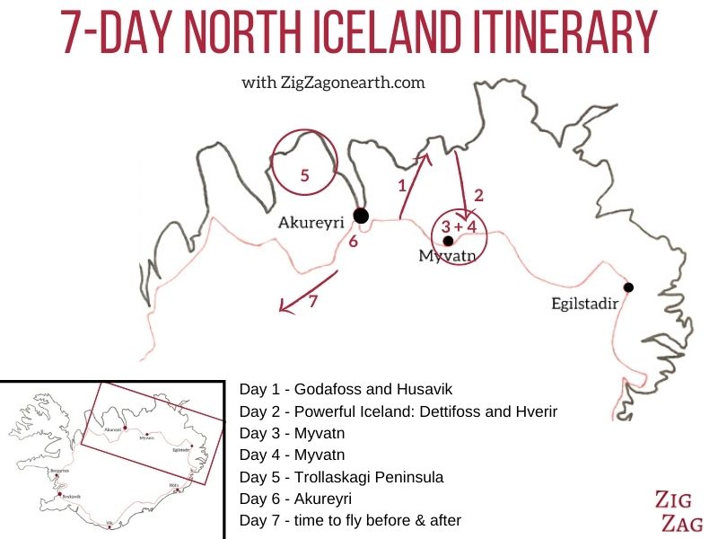 Kort - rejseplan for en uge i Island Nord