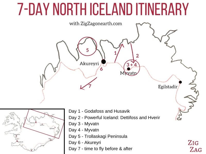 Map - itinerary for one week in Iceland North