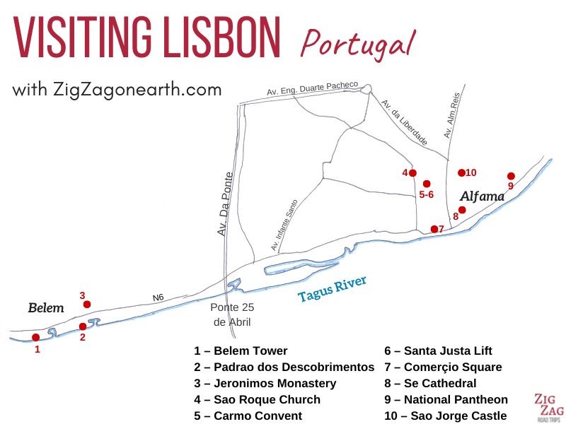Bästa sevärdheter i Lissabon på 3 dagar - Karta