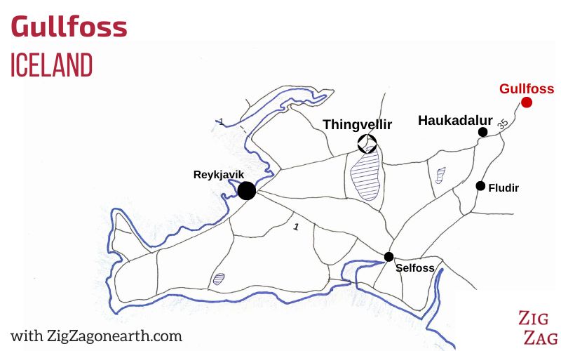 Mapa do Círculo Dourado com a localização de Gullfoss