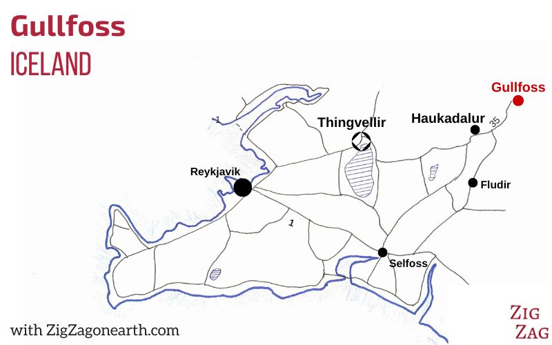 Kaart van Gouden Cirkel met Gullfoss locatie