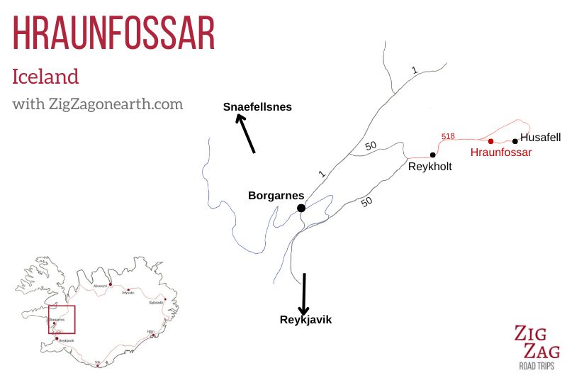 Mapa - Hraunfossar na Islândia