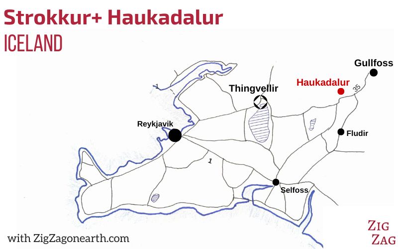 Strokkur og Haukadalur i Island - Kort