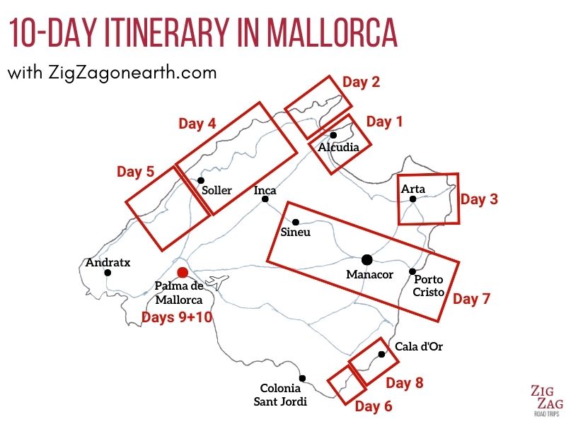 Mappa Itinerario di 10 giorni a Maiorca