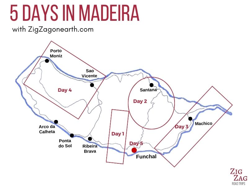 Kort - rejseplan for 5 dage på Madeira