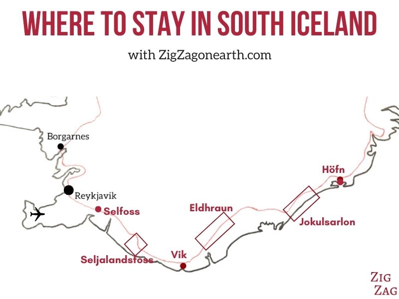 map where to stay Iceland South Coast places towns