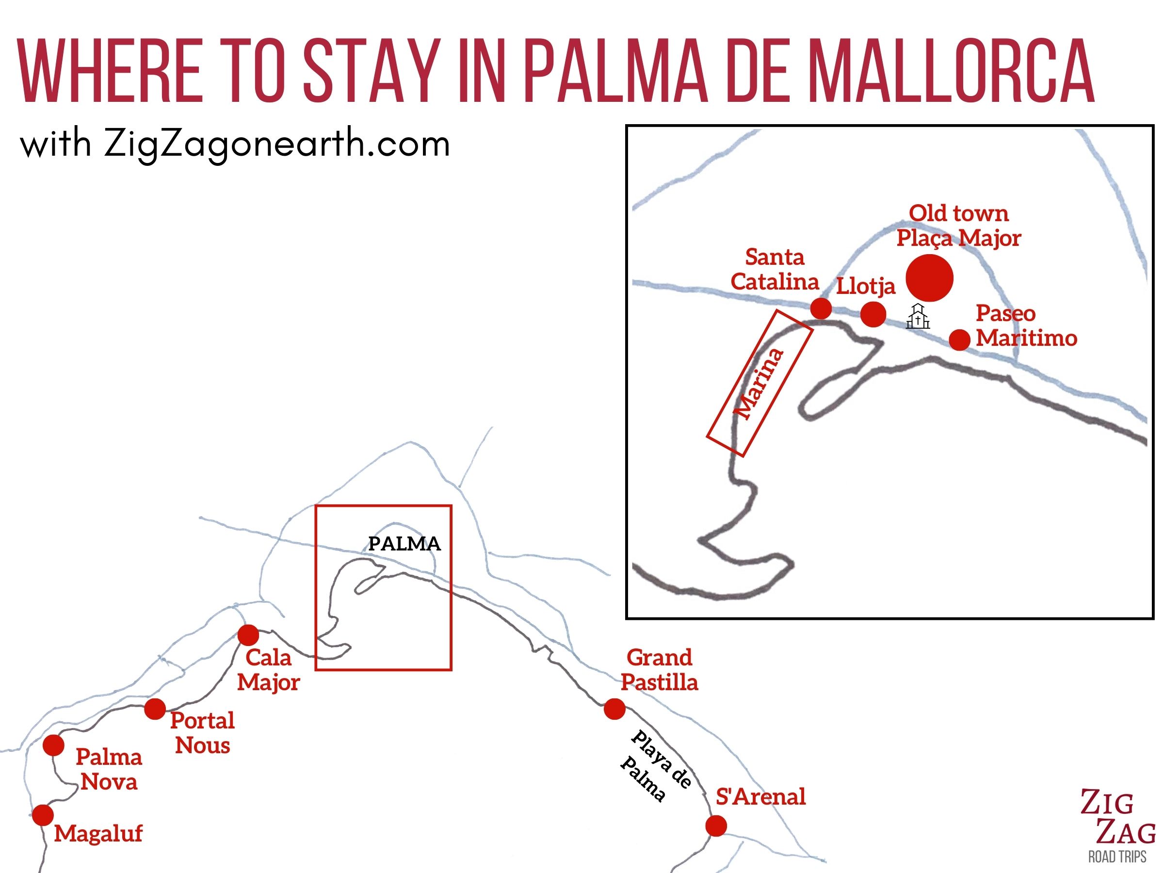 Mappa - le migliori aree in cui soggiornare a Palma di Maiorca