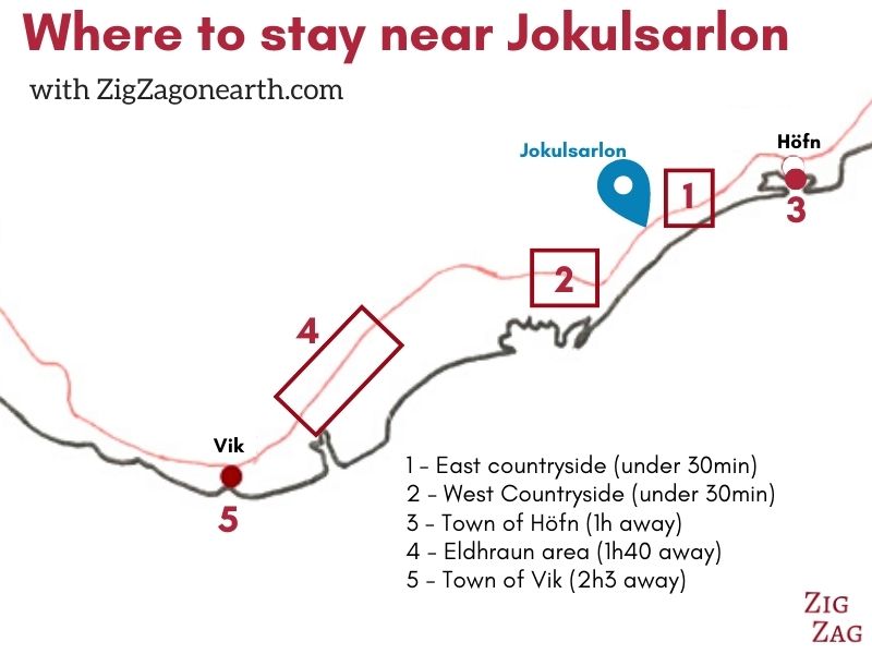 kort - hvor man kan bo i nærheden af Jokulsarlon Island