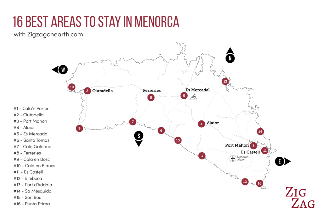 map: best areas to stay in Menorca