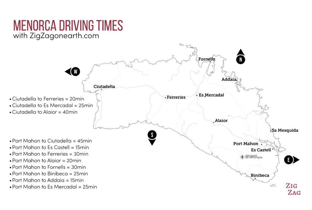 Driving times in Menorca