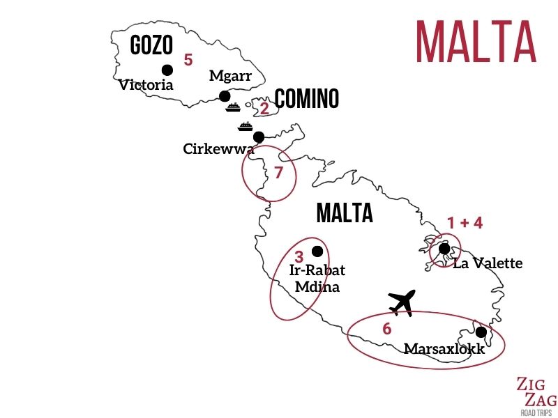 kaart Malta een week route 7 dagen