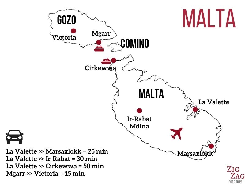 kaart malta eilanden rijtijden