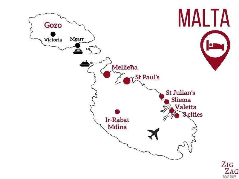mapa de locais onde ficar em Malta e destinos