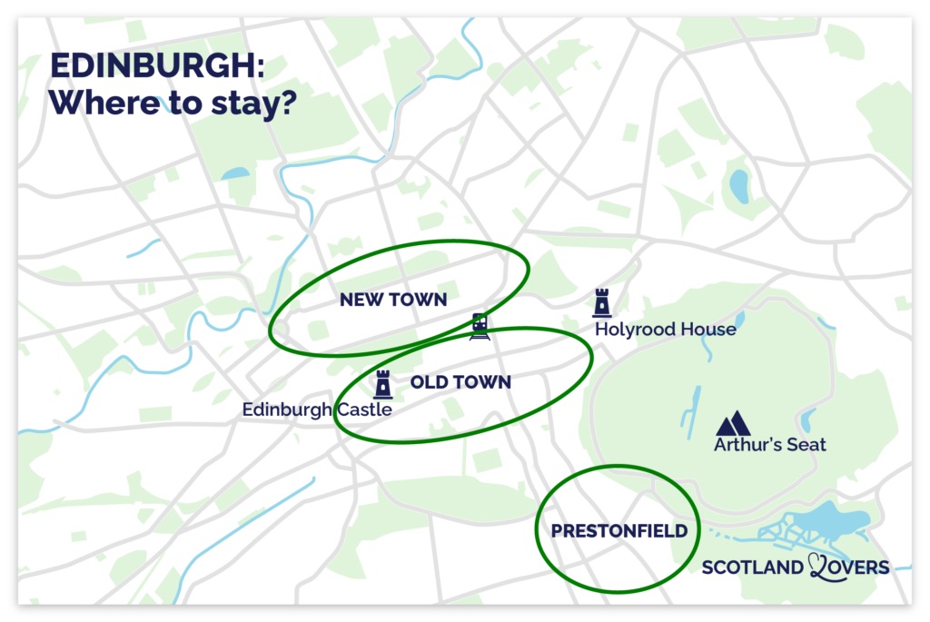 kaart met de beste wijken in Edinburgh: waar kunt u verblijven?